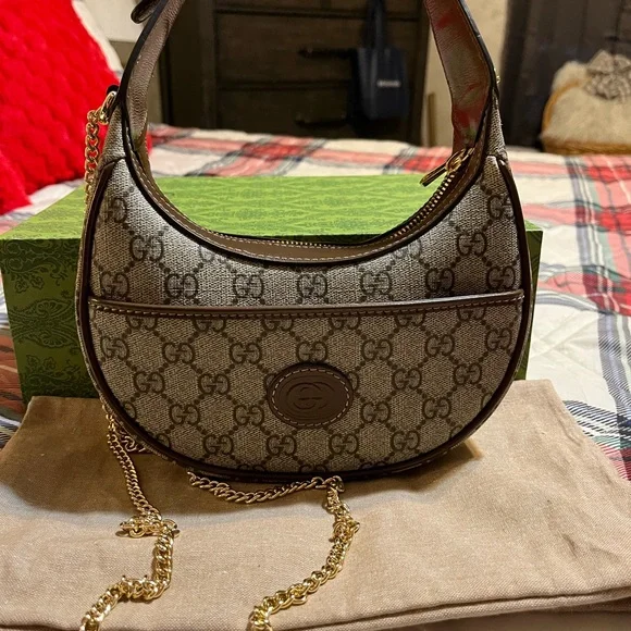 GG Brown mini moon Shoulder Bag with GG Monogram and Gold Hardware - Picture 6 of 12